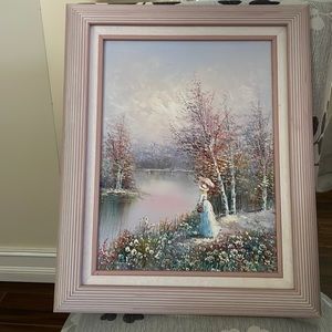 Framed painting on canvas. Woman at river scenic view very detailed